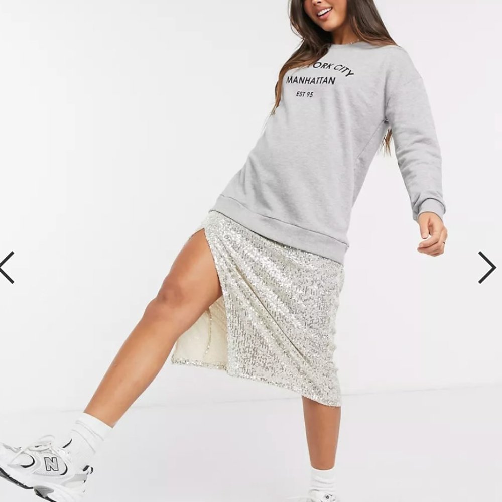 River Island midi sweat dress with sequin underskirt in grey